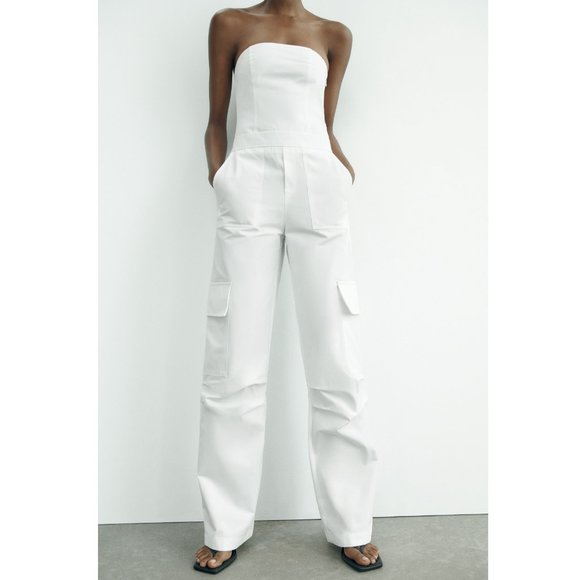 BLOGGER'S FAVE! Zara Strapless Cargo Jumpsuit White NWT - Picture 8 of 17